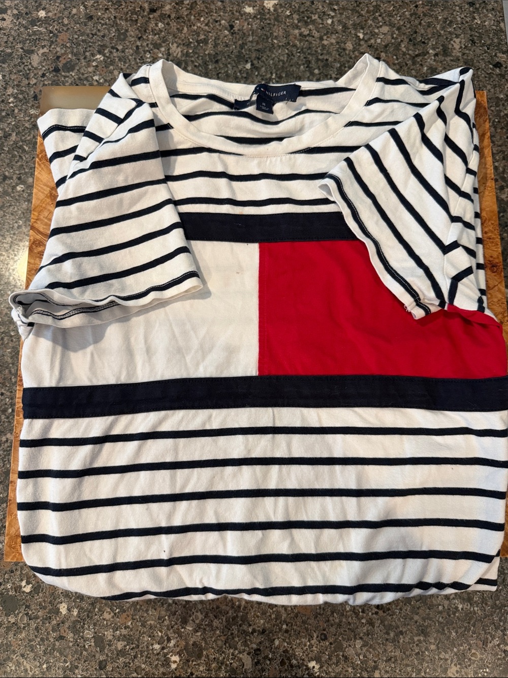 Tommy Hilfiger White, Navy & Red Striped Logo Short Sleeve Tee